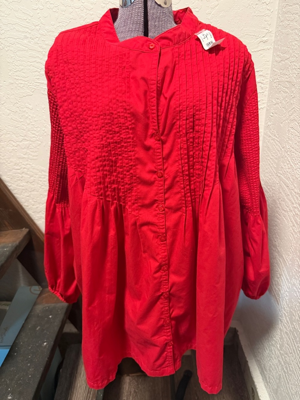 Roaman's Red Pintuck & Smocked Button-Front Blouse